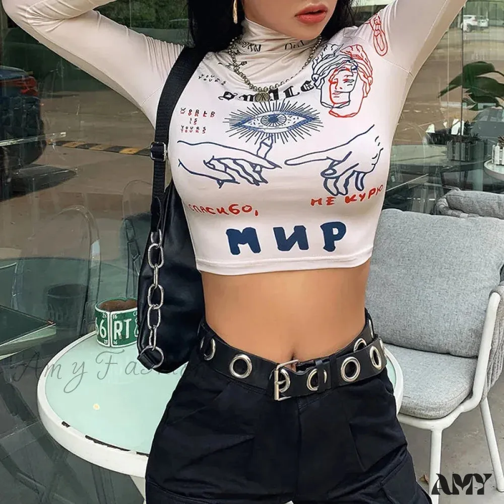 AMY FASHION - High Street Casual Funny Print Stretch Slim Autumn Crop Top