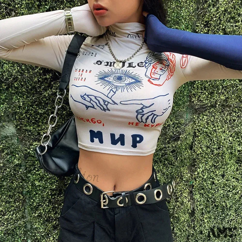 AMY FASHION - High Street Casual Funny Print Stretch Slim Autumn Crop Top