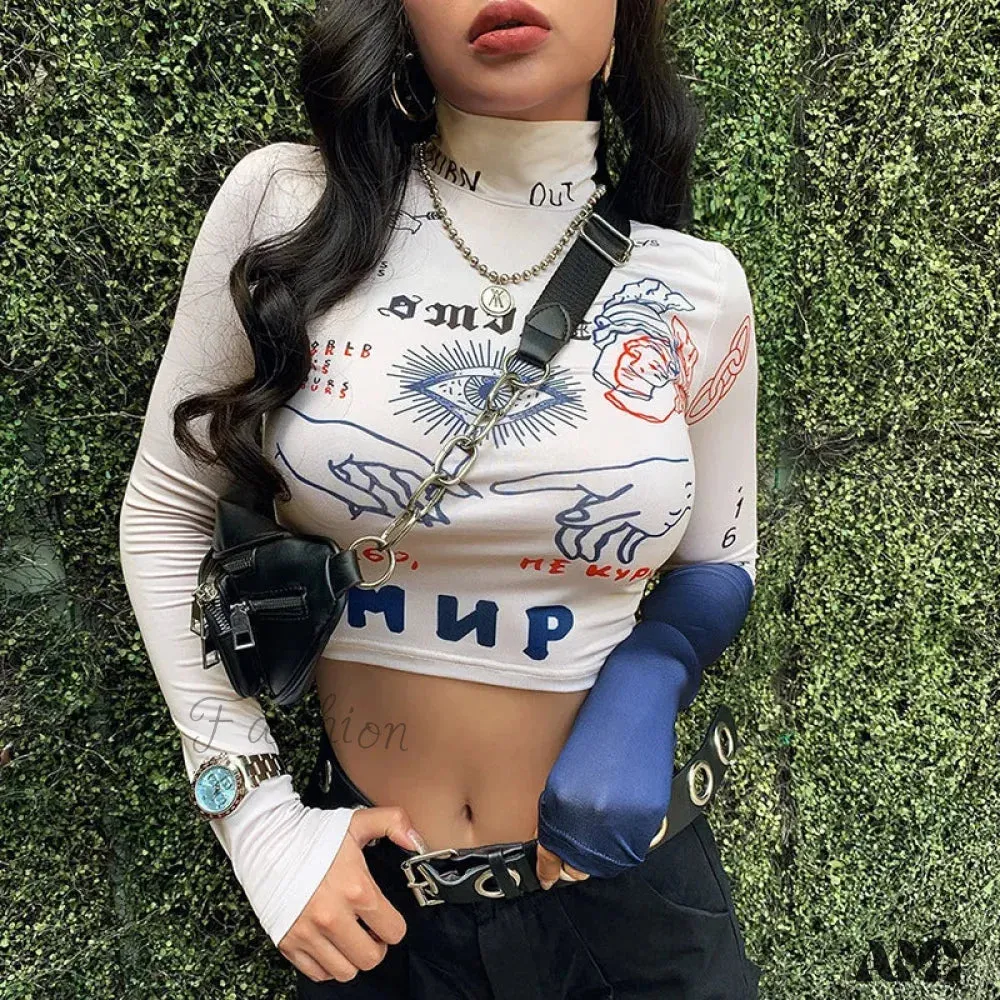 AMY FASHION - High Street Casual Funny Print Stretch Slim Autumn Crop Top