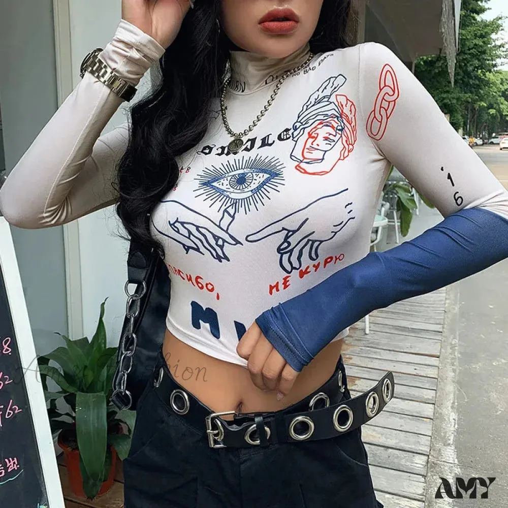 AMY FASHION - High Street Casual Funny Print Stretch Slim Autumn Crop Top