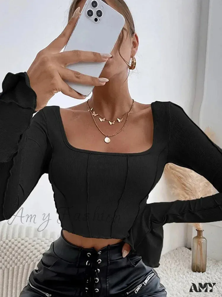AMY FASHION - Long Sleeve Black Backless Sexy Y2K Knitted Crop Top