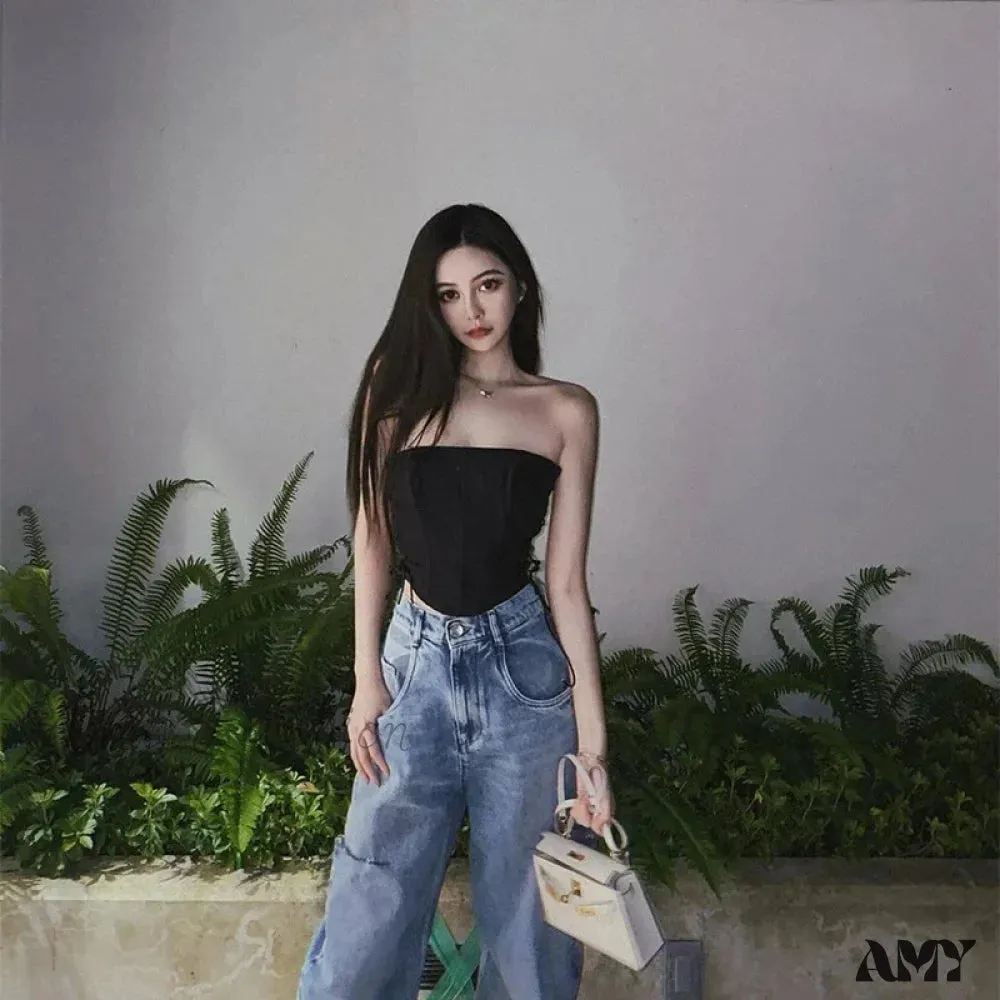 AMY FASHION - Off Shoulder Strapless Lace Up Bustier Corset Crop Top