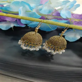 Antique Gold Plated White Pearl Jhumka Earring