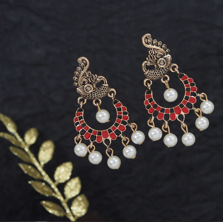 Antique Gold /Silver Plated Peacock Designed Enamel Artwork with Dangling Pearl Earring