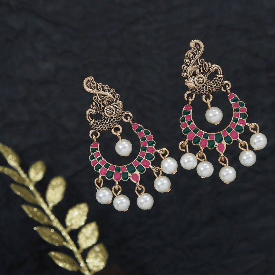 Antique Gold /Silver Plated Peacock Designed Enamel Artwork with Dangling Pearl Earring