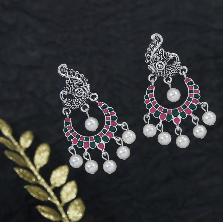 Antique Gold /Silver Plated Peacock Designed Enamel Artwork with Dangling Pearl Earring