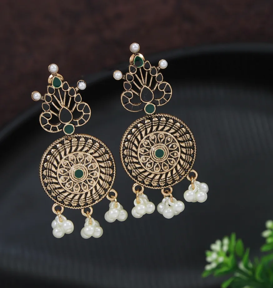 Antique Gold/Silver Plated Hanging Pearl Minakari Dangle Earring