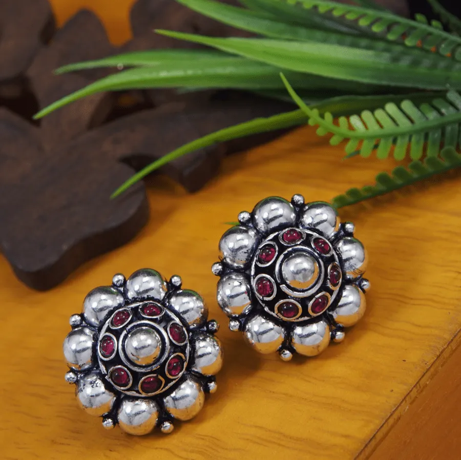 Antique Silver Plated Pink and White Floral Stud Earring