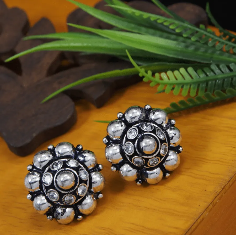 Antique Silver Plated Pink and White Floral Stud Earring