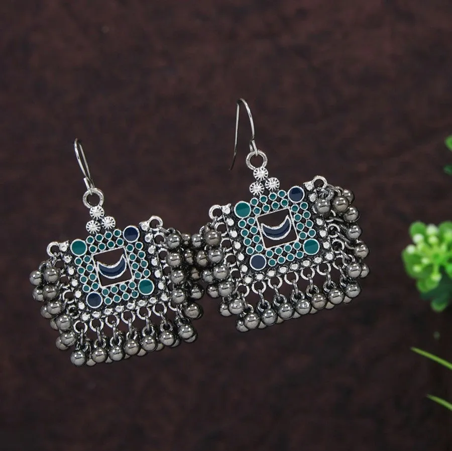 Antique Silver Plated Square Shape Beads Drop Earring