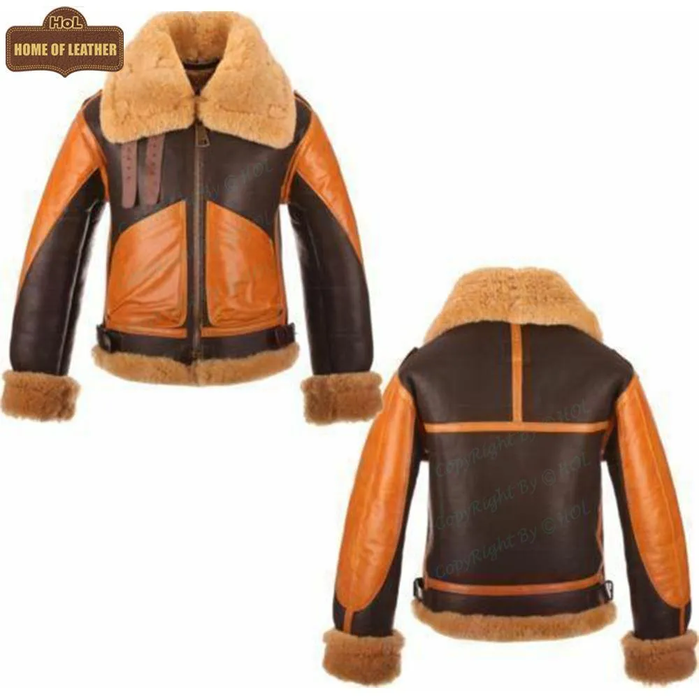 B016 Two Tone RAF Bomber Brown Real Sheepskin Shearling Men's Jacket
