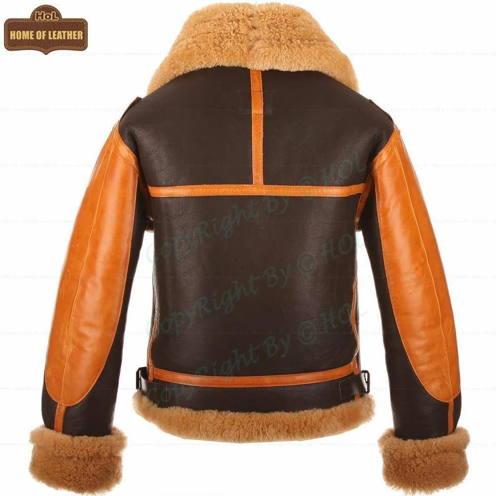 B016 Two Tone RAF Bomber Brown Real Sheepskin Shearling Men's Jacket
