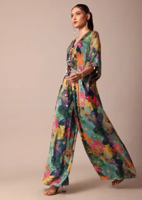 Beautiful Purple Floral Printed Indowestern Crop Top Set