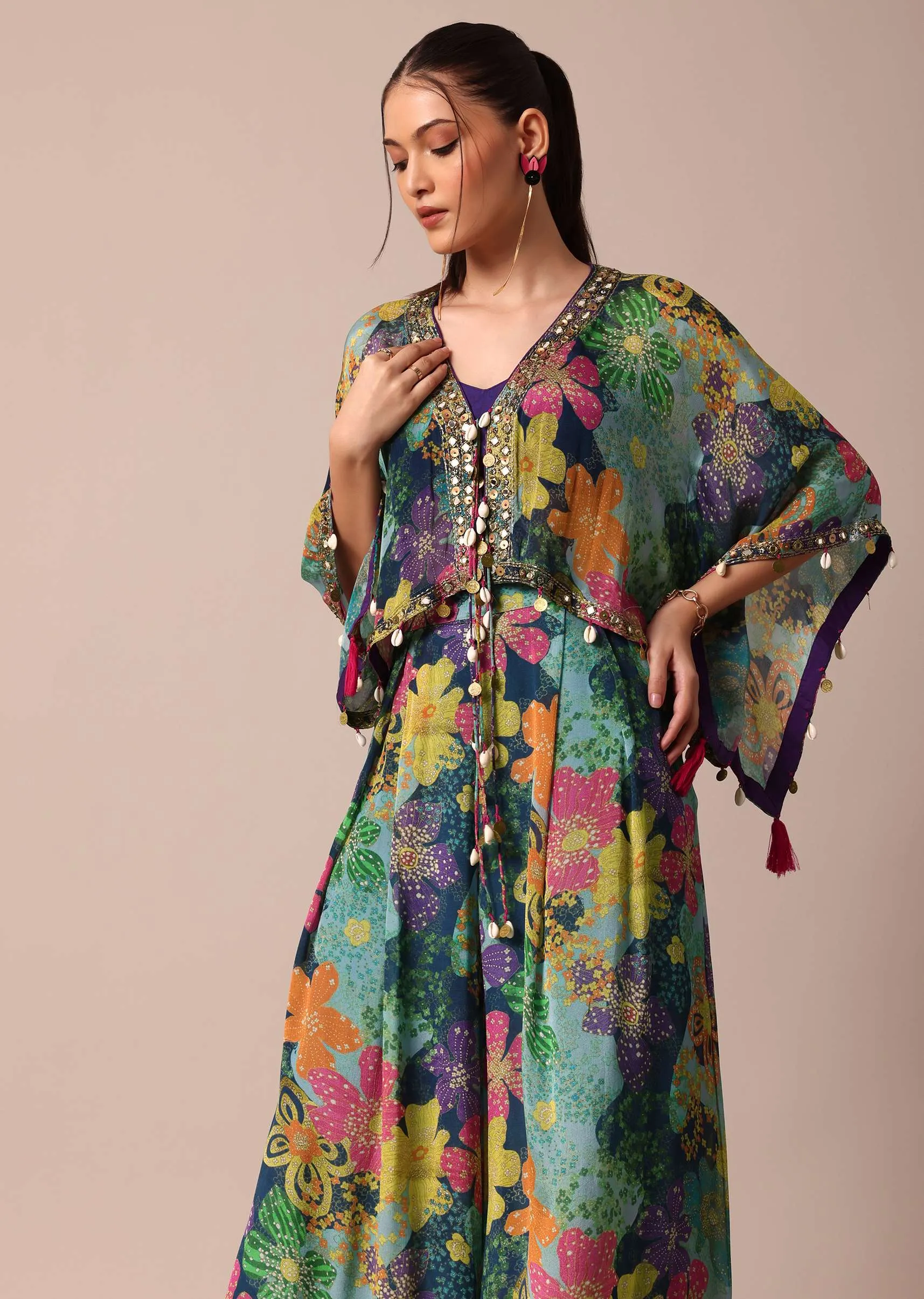 Beautiful Purple Floral Printed Indowestern Crop Top Set