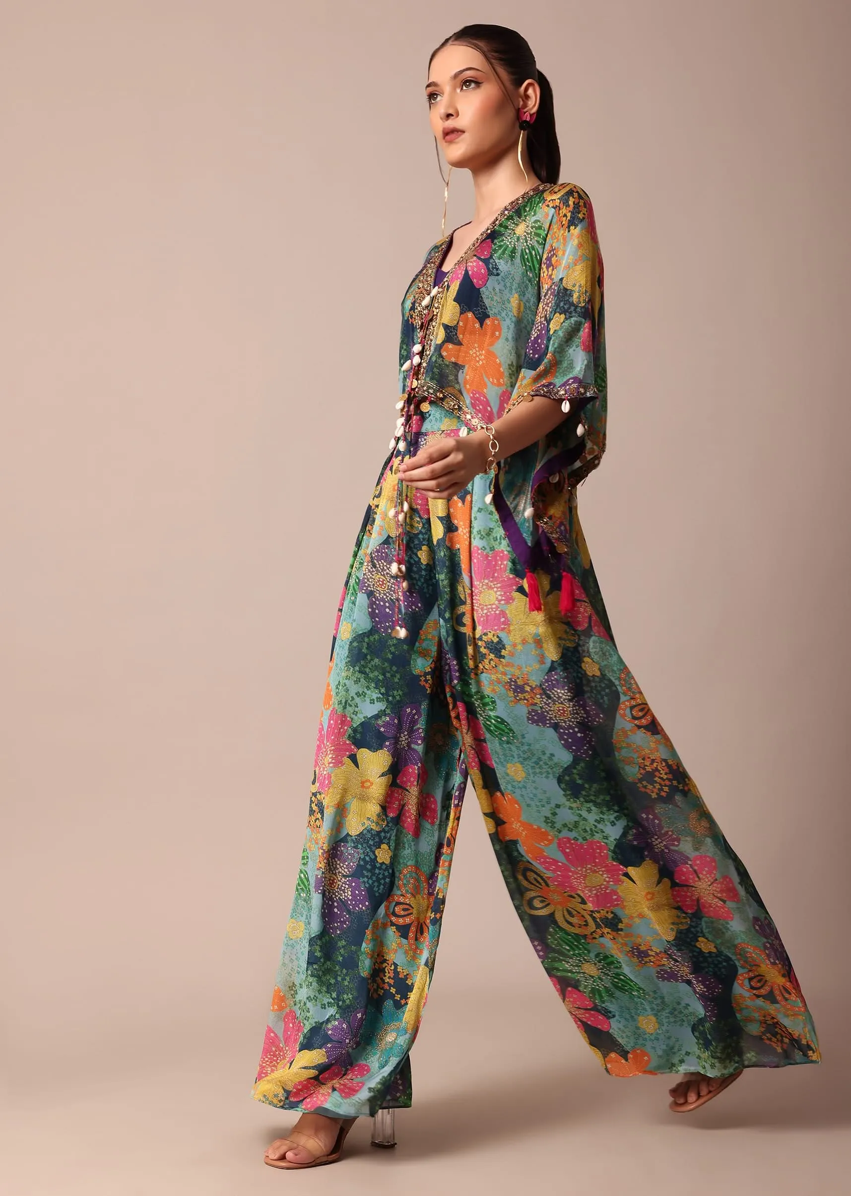 Beautiful Purple Floral Printed Indowestern Crop Top Set