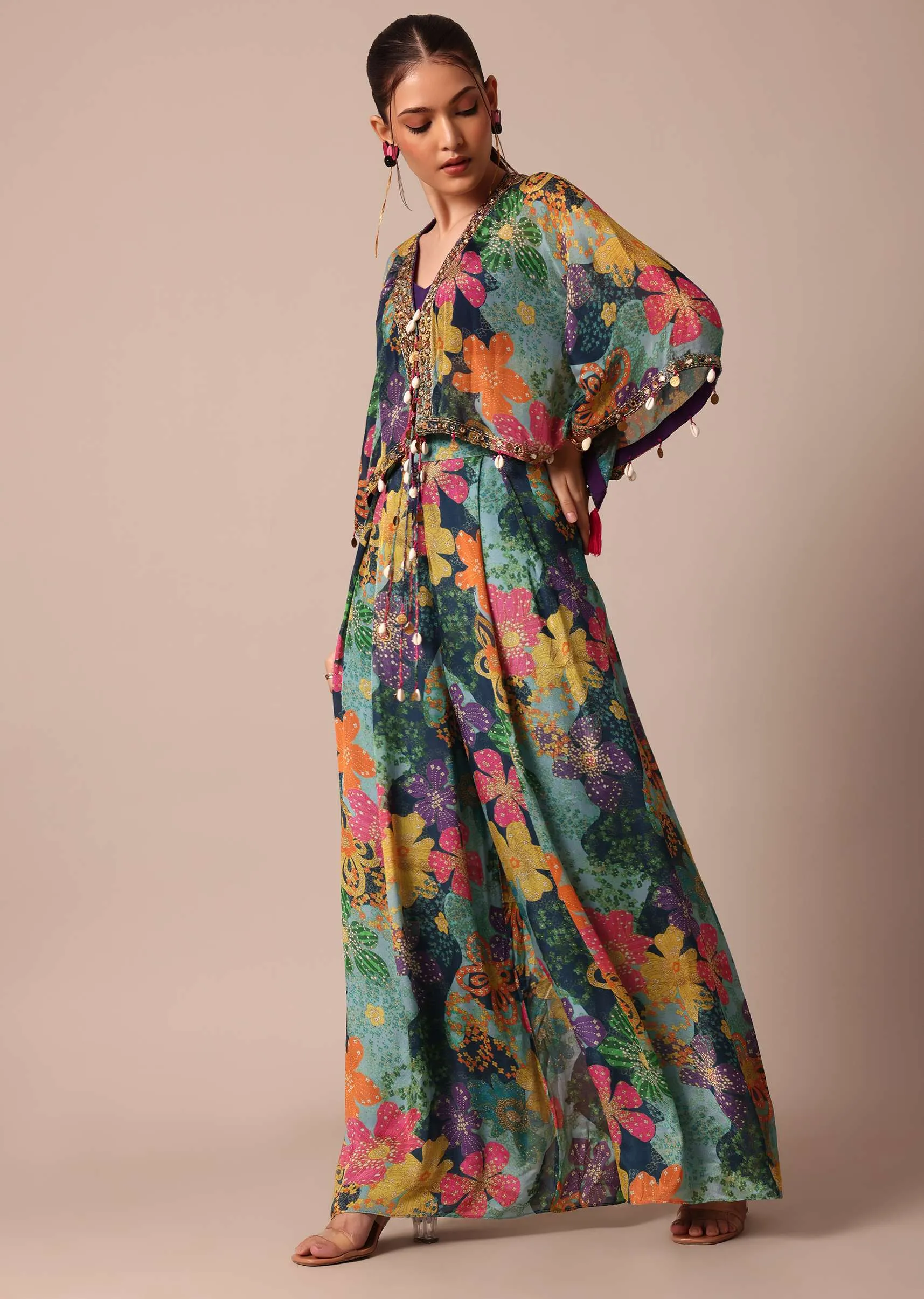 Beautiful Purple Floral Printed Indowestern Crop Top Set