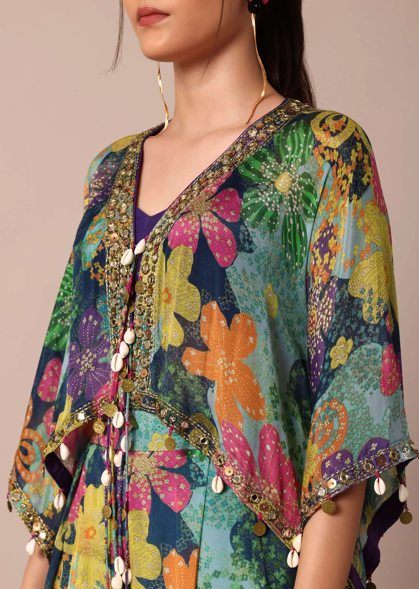 Beautiful Purple Floral Printed Indowestern Crop Top Set