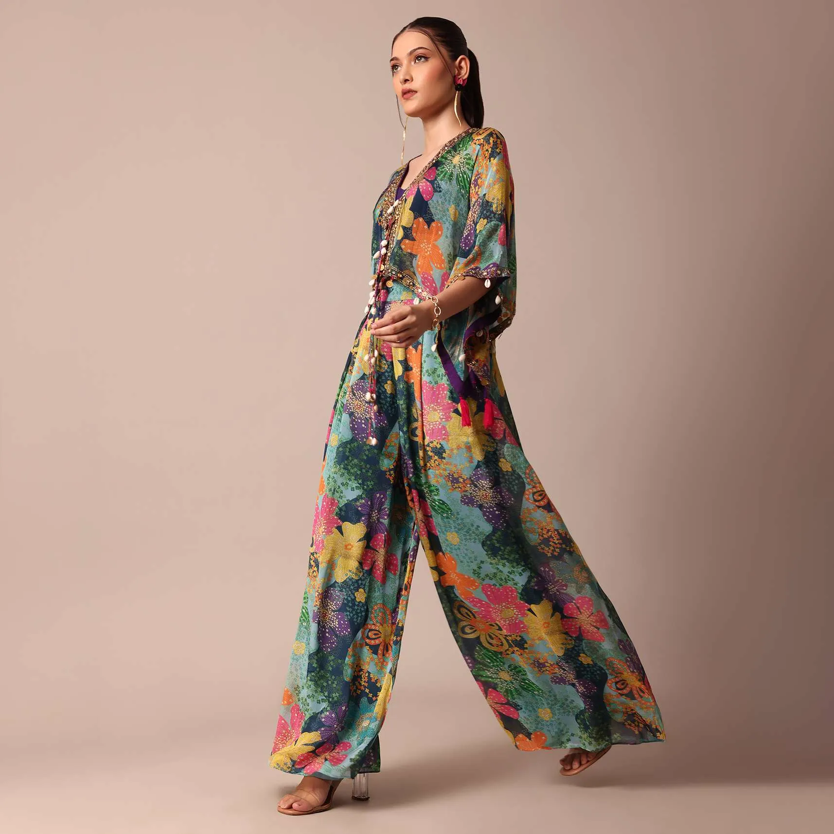 Beautiful Purple Floral Printed Indowestern Crop Top Set