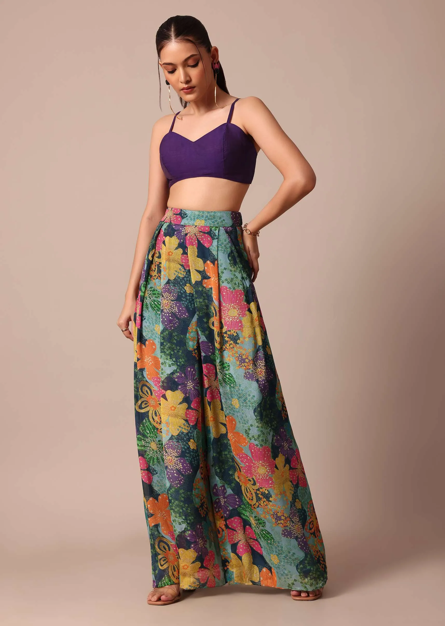 Beautiful Purple Floral Printed Indowestern Crop Top Set