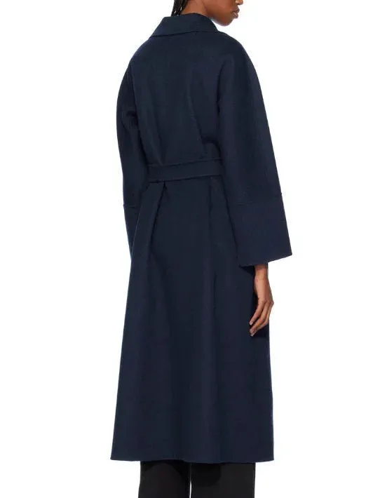 Belted Bathrobe Style Wool Wrap Coat in Navy