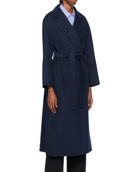 Belted Bathrobe Style Wool Wrap Coat in Navy