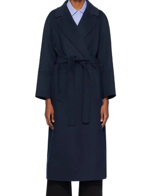 Belted Bathrobe Style Wool Wrap Coat in Navy