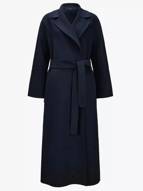 Belted Bathrobe Style Wool Wrap Coat in Navy