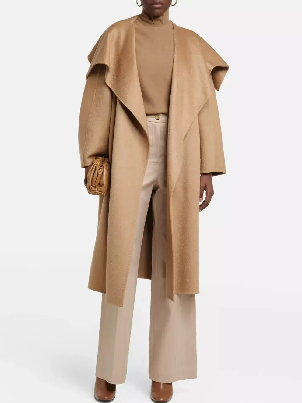 Belted Cashmere and Wool Wrap Coat in Camel