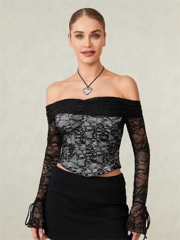 Black Alt Gothic Lace Off The Shoulder Crop Top