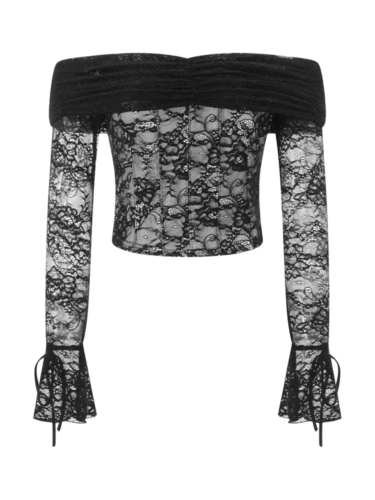 Black Alt Gothic Lace Off The Shoulder Crop Top