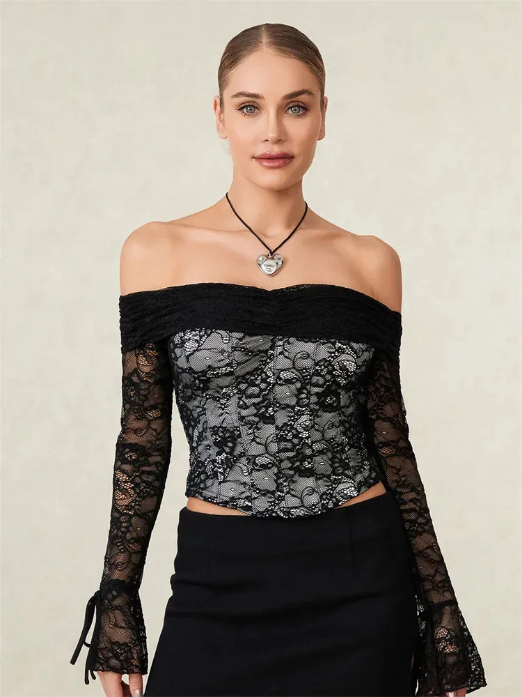 Black Alt Gothic Lace Off The Shoulder Crop Top