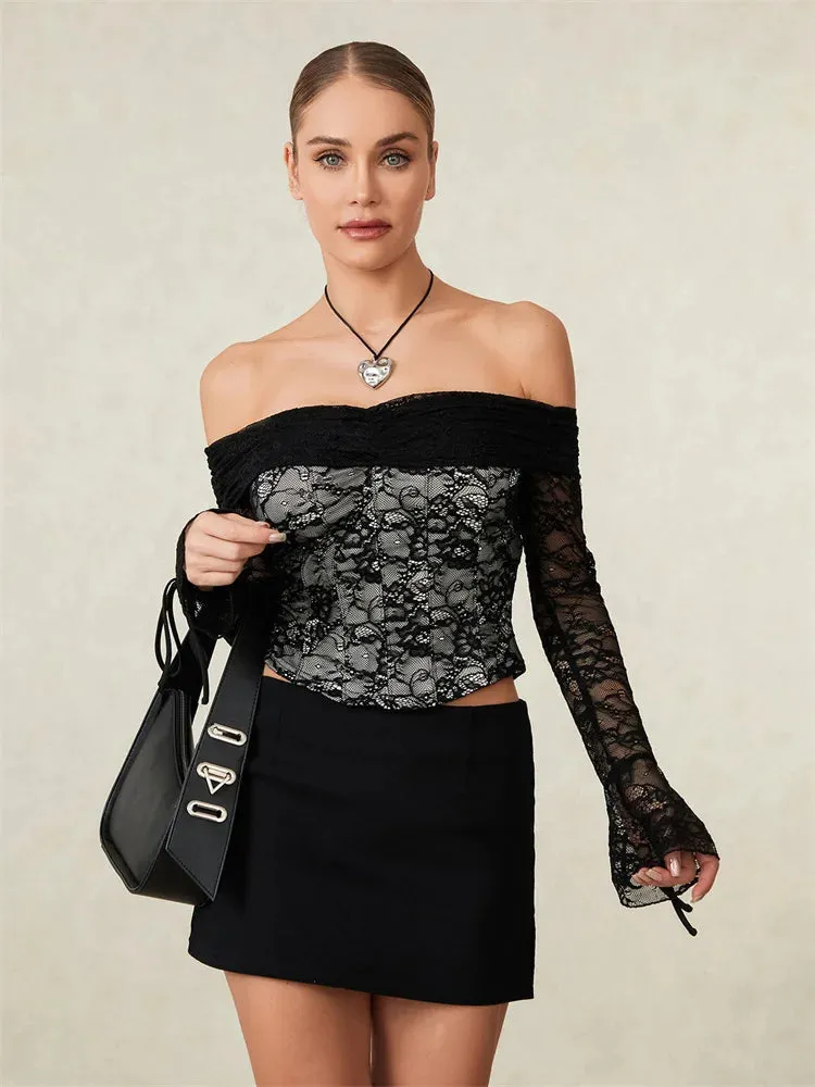 Black Alt Gothic Lace Off The Shoulder Crop Top
