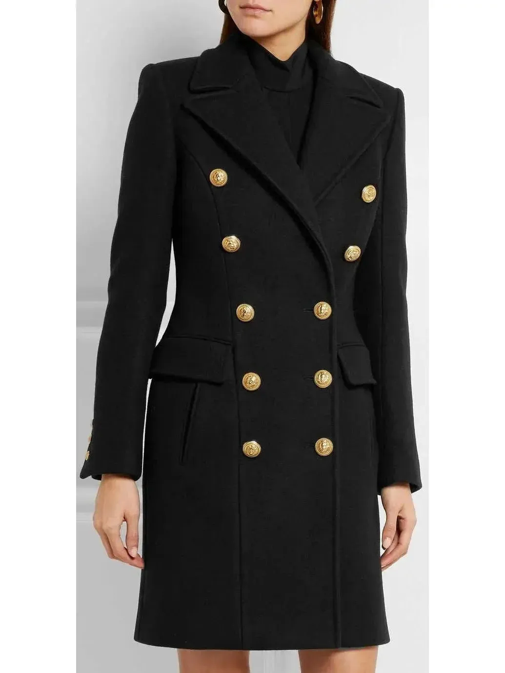 Black Double-Breasted Gold Metal Button Coat