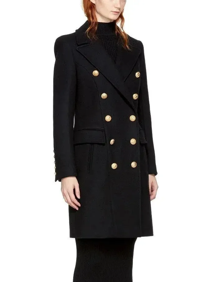 Black Double-Breasted Gold Metal Button Coat