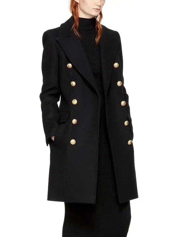 Black Double-Breasted Gold Metal Button Coat