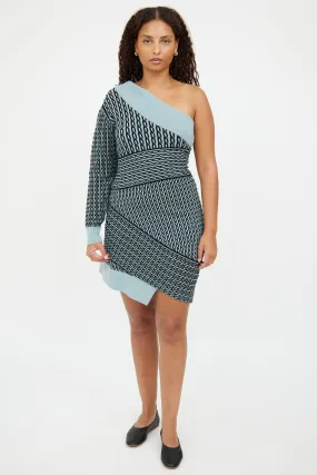 Blue & Black Knit One Shoulder Dress