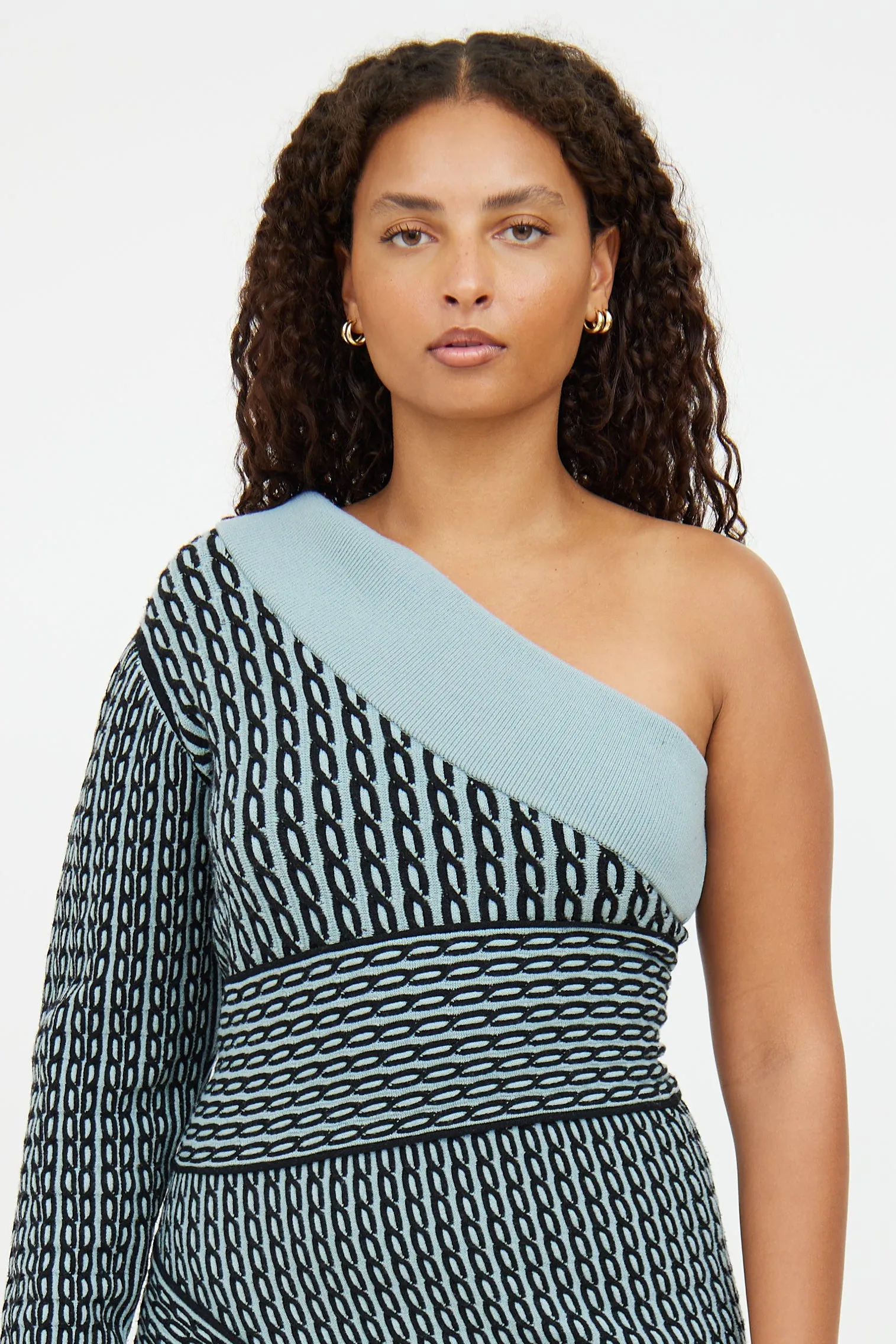 Blue & Black Knit One Shoulder Dress
