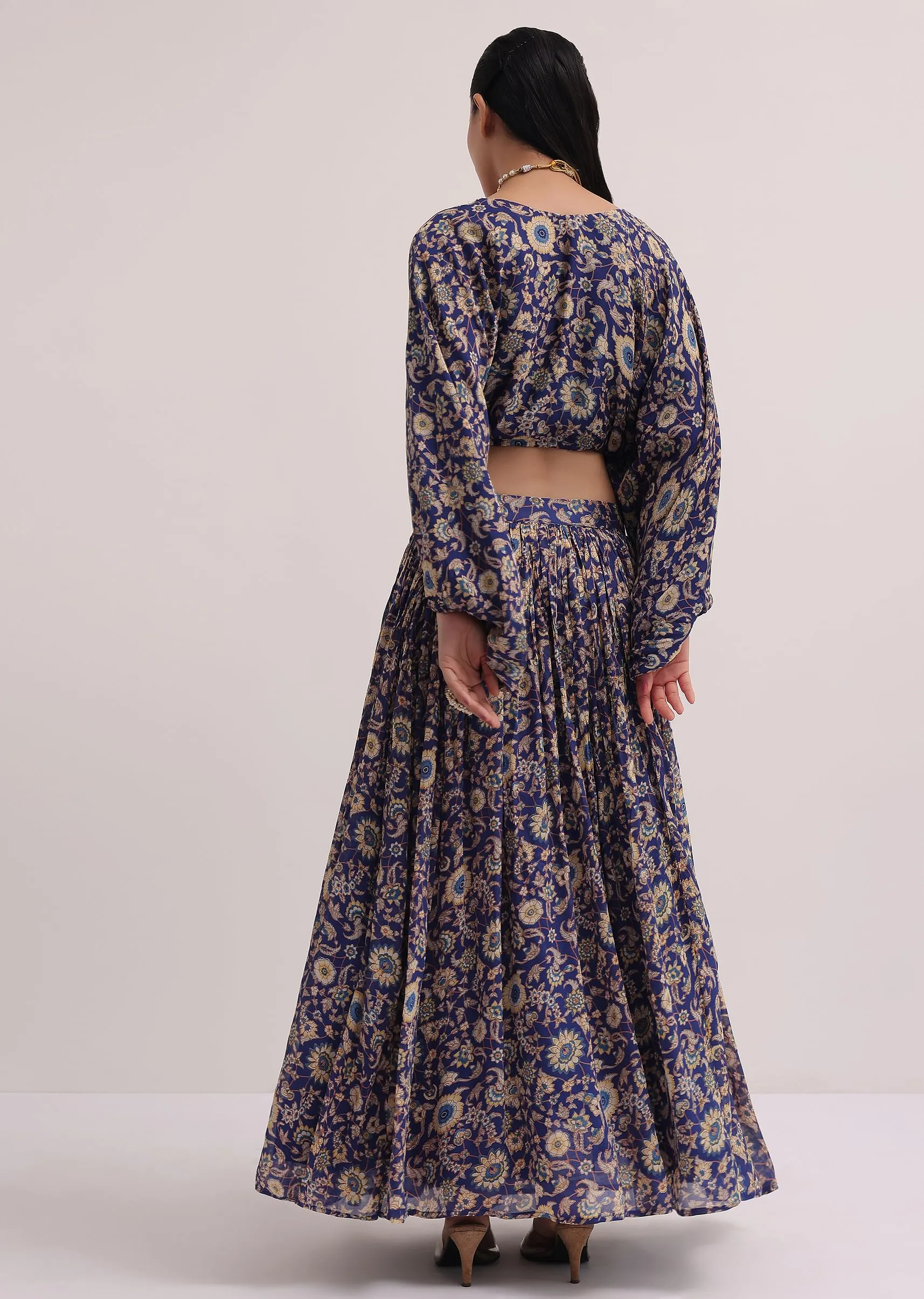 Blue Embroidered Croptop With Printed Skirt