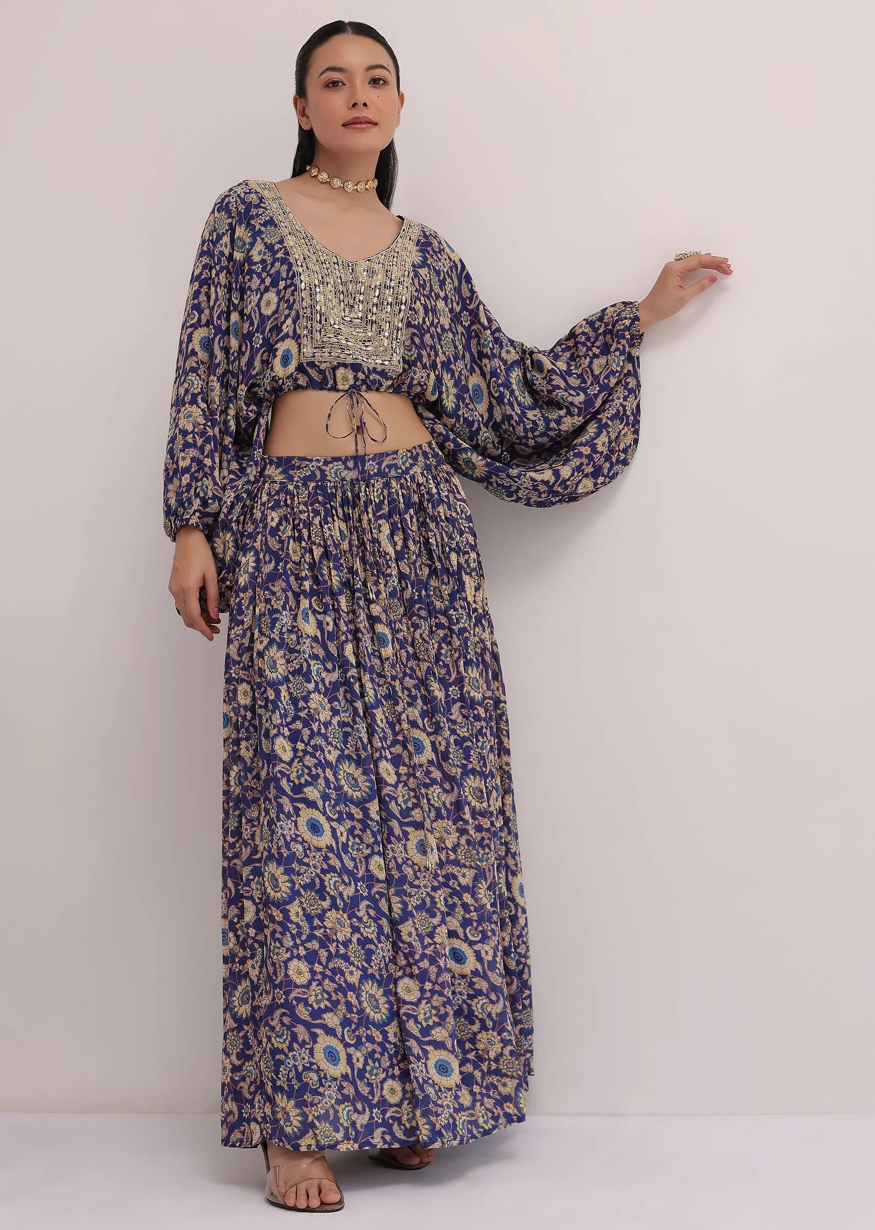 Blue Embroidered Croptop With Printed Skirt