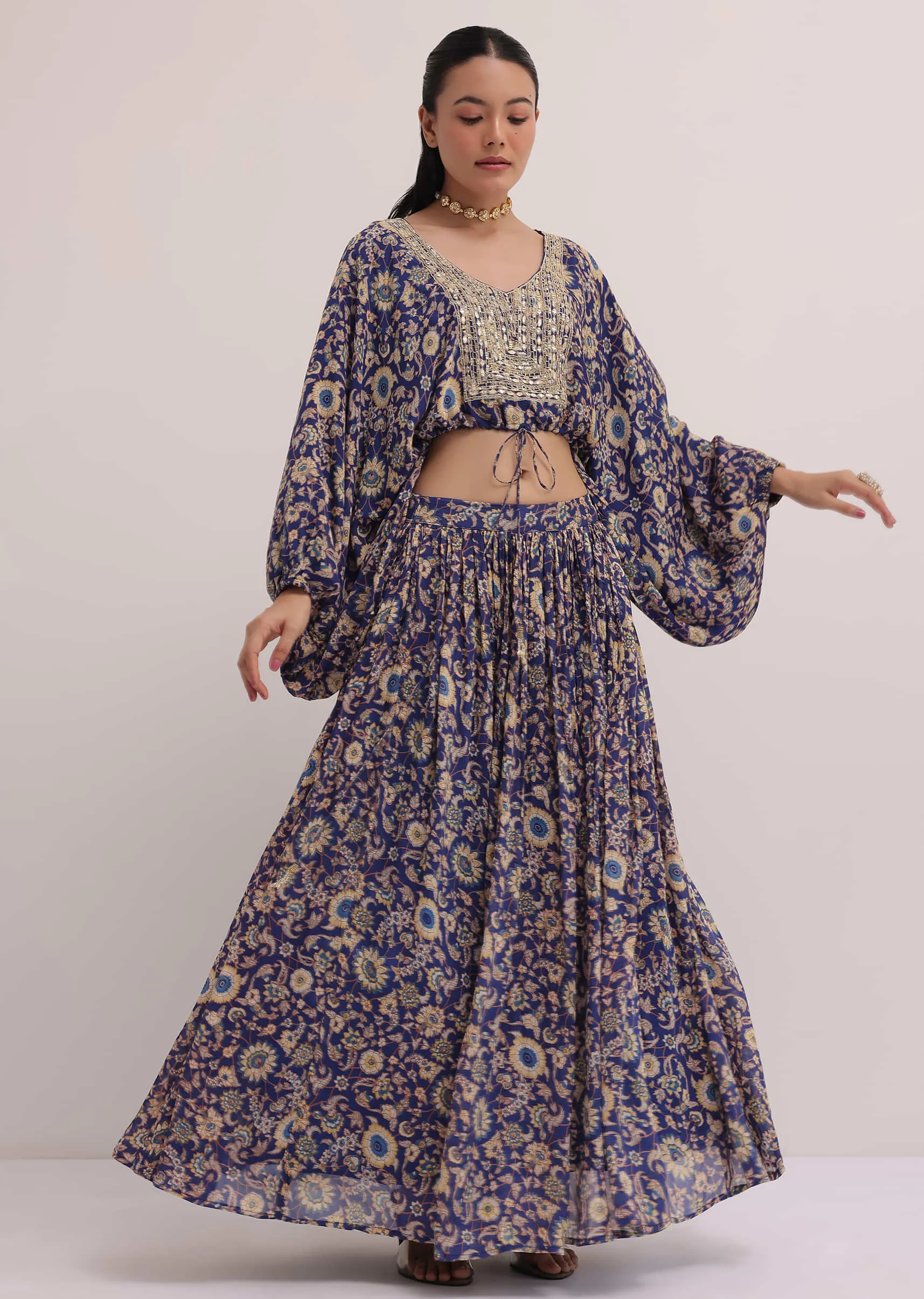 Blue Embroidered Croptop With Printed Skirt