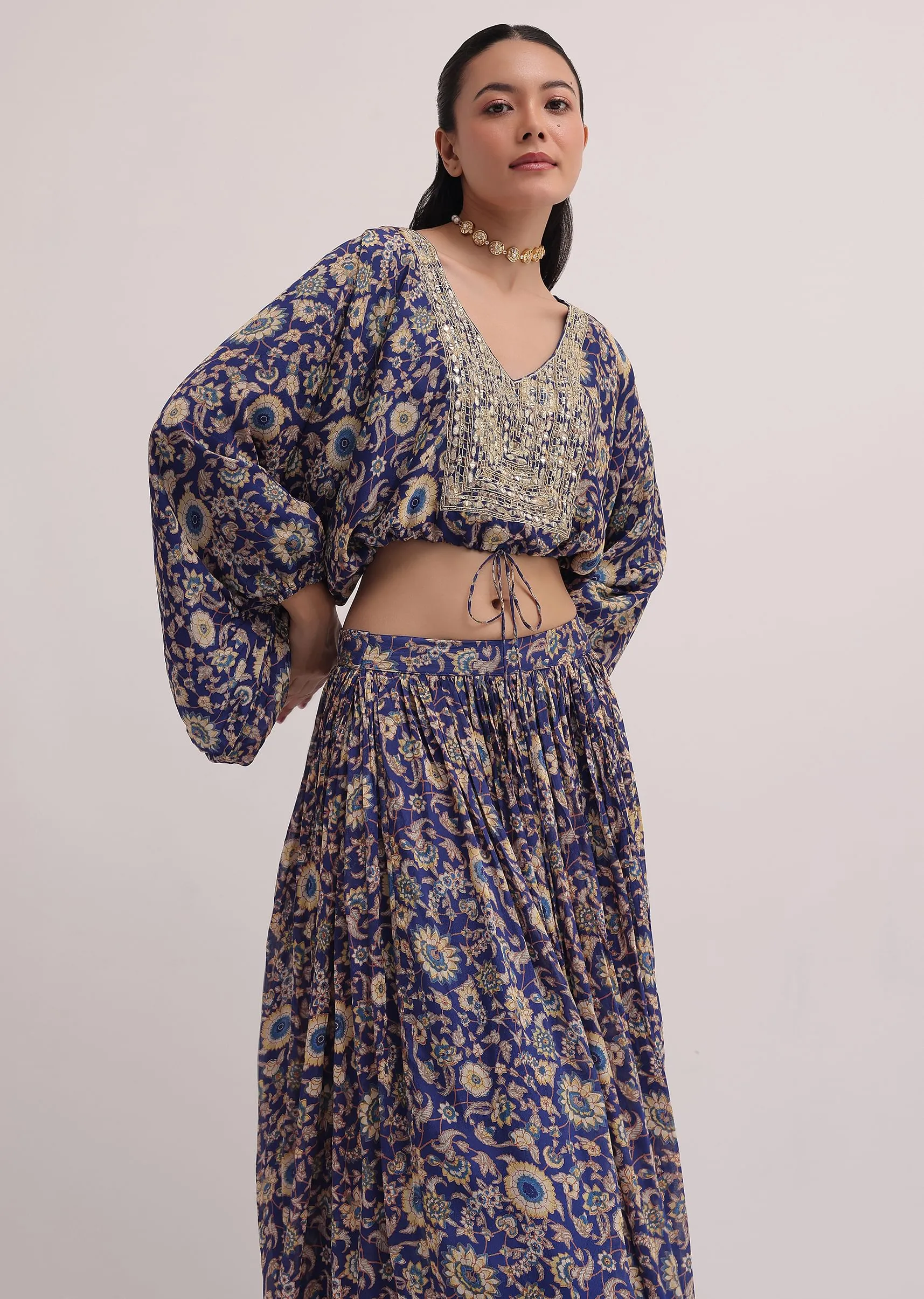 Blue Embroidered Croptop With Printed Skirt