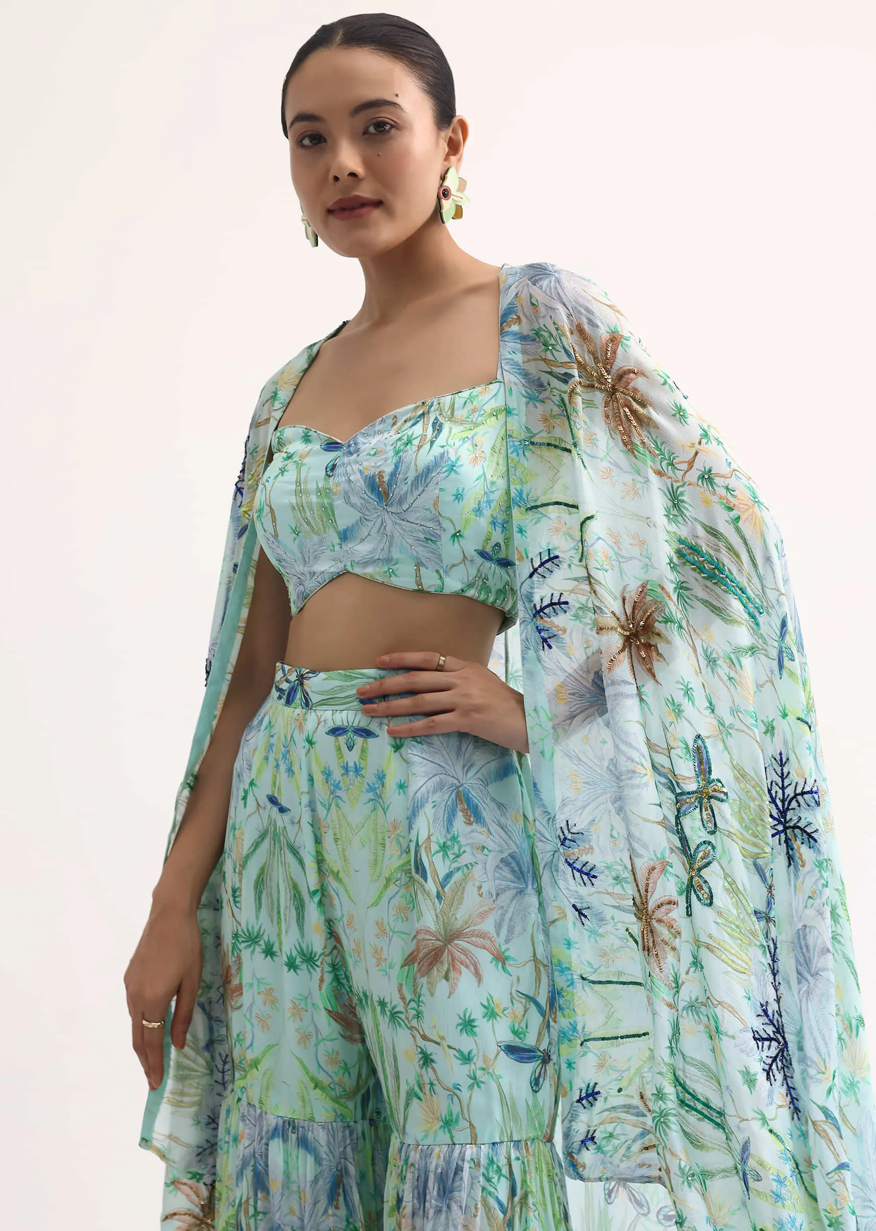 Blue Printed Georgette Sharara With Cape