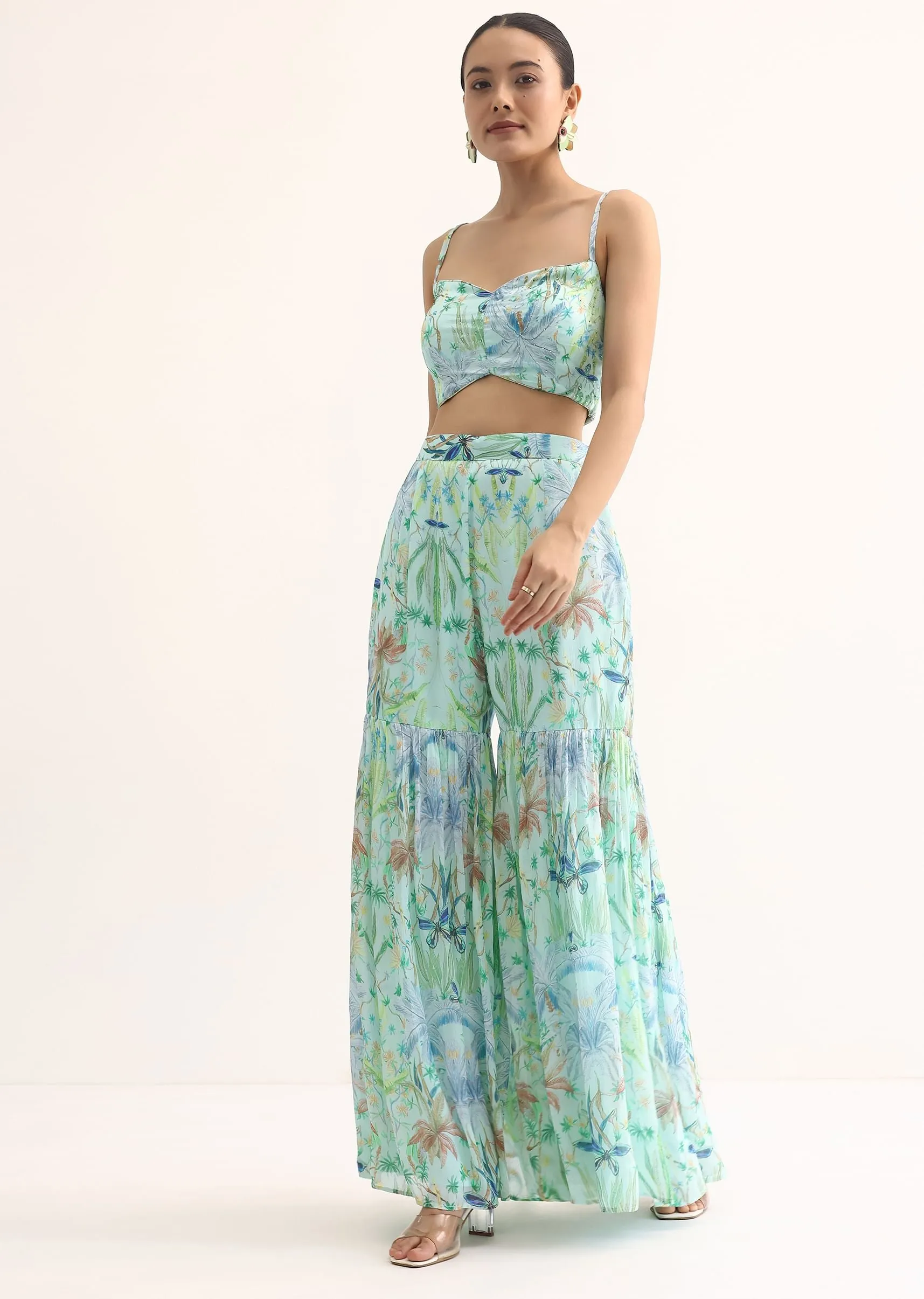 Blue Printed Georgette Sharara With Cape