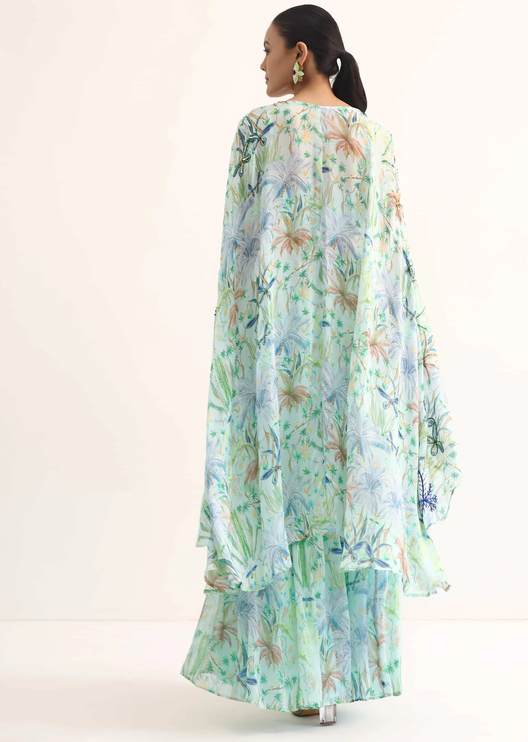 Blue Printed Georgette Sharara With Cape