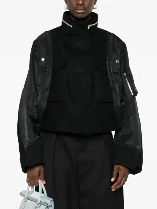 Boxy Paneled Bomber Jacket in Black