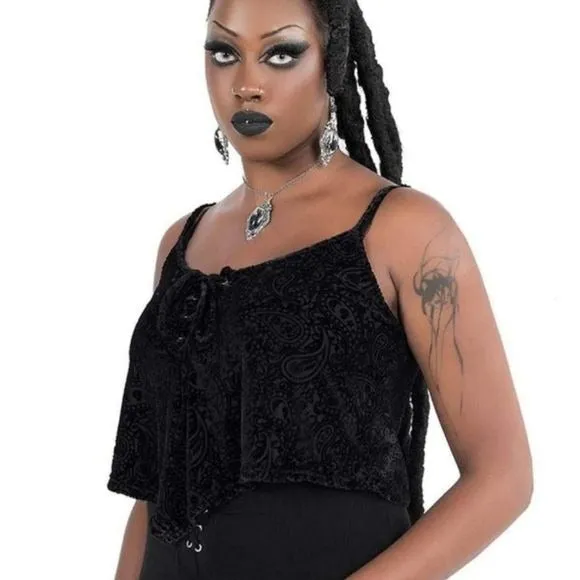 Cosmic Certainly Velvet Vest Top | Black Super Lace-up Front S