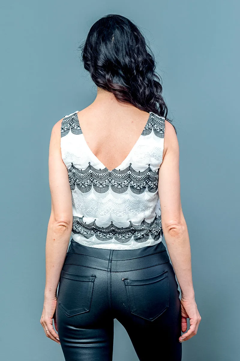 Crop V-Neck Lace Top Front Buttons In White  (356-00315)