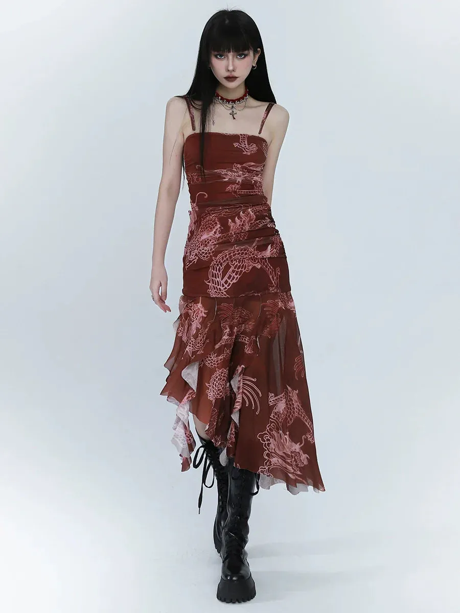 Dress Summer Asymmetrical Camisole Red Dark