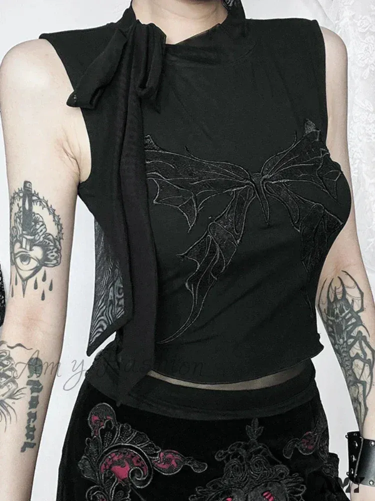 Embroidered Gothic Top Butterfly Sexy Lace Crop Vintage