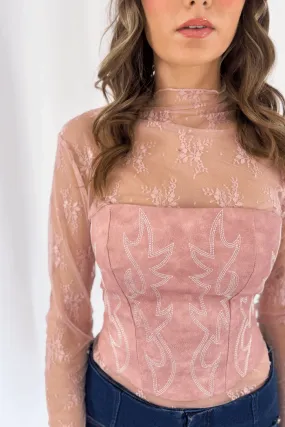 Faux Leather Embroidered Corset Top in Pink